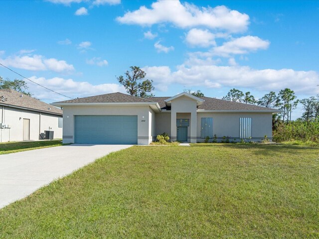 ranch-style house featuring cooling unit, a front lawn, and a garage