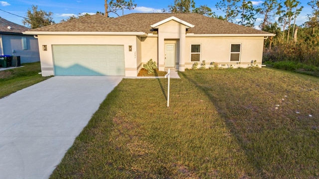 view of front facade with central AC, a garage, and a front lawn