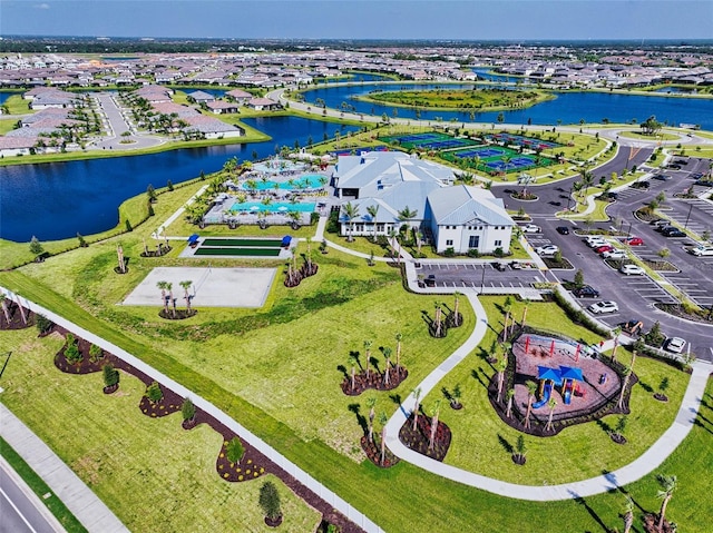 drone / aerial view featuring a water view