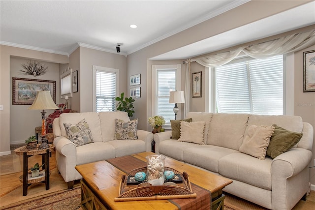 living room with hardwood / wood-style floors and crown molding