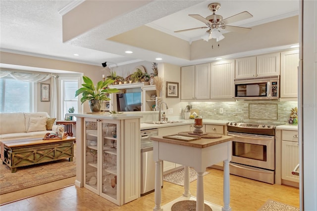 kitchen featuring appliances with stainless steel finishes, sink, backsplash, ornamental molding, and ceiling fan