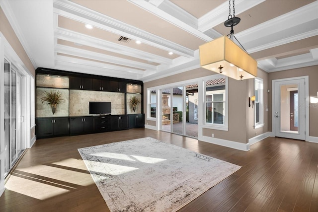 living room featuring beam ceiling, ornamental molding, and dark wood-type flooring