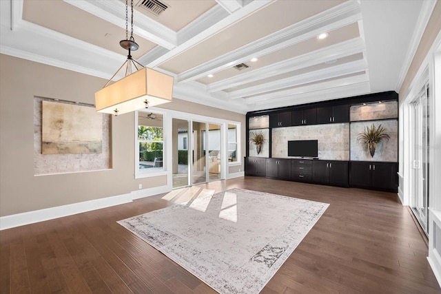 living room featuring crown molding, beamed ceiling, dark wood-type flooring, and coffered ceiling