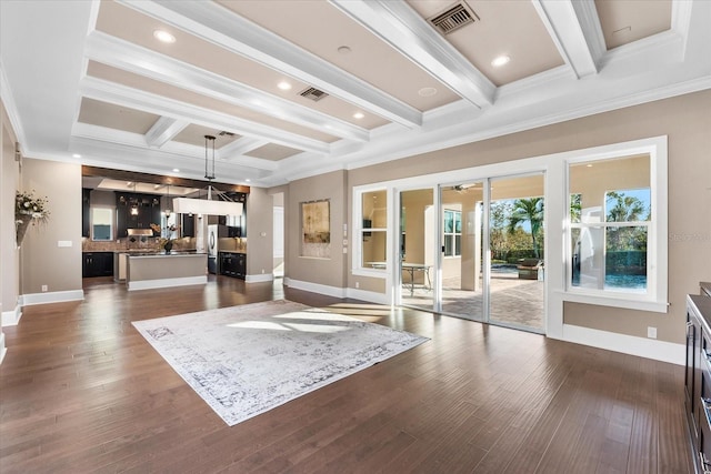 living room featuring crown molding, beamed ceiling, and dark hardwood / wood-style floors