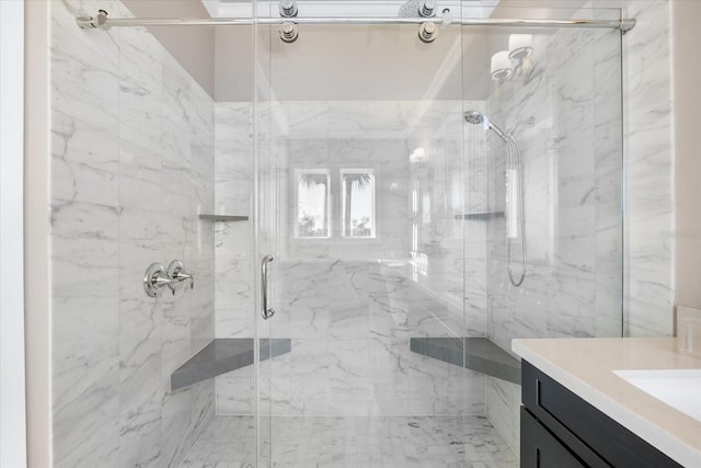 bathroom featuring vanity and walk in shower