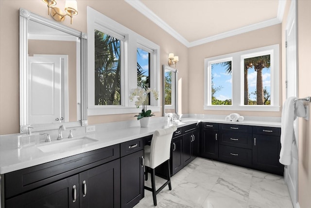 bathroom with vanity and ornamental molding