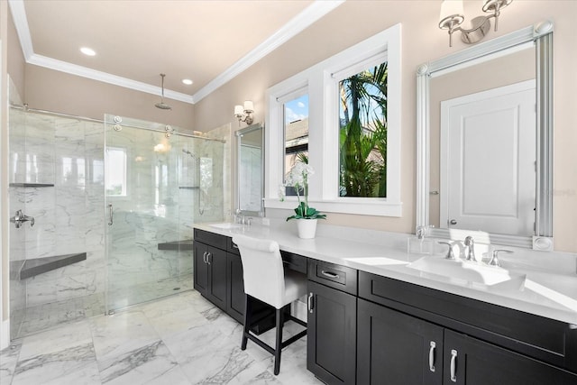 bathroom with crown molding, vanity, and walk in shower