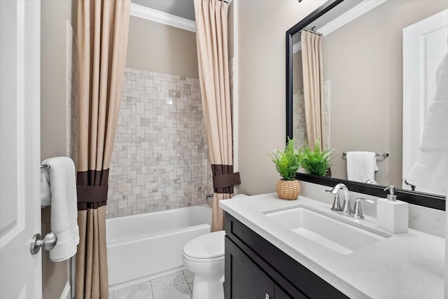 full bathroom with tile patterned flooring, toilet, vanity, shower / tub combo, and ornamental molding