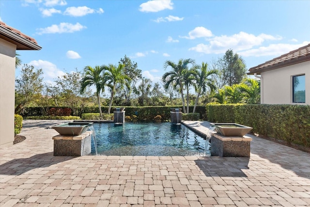 view of pool featuring a jacuzzi, pool water feature, and a patio area