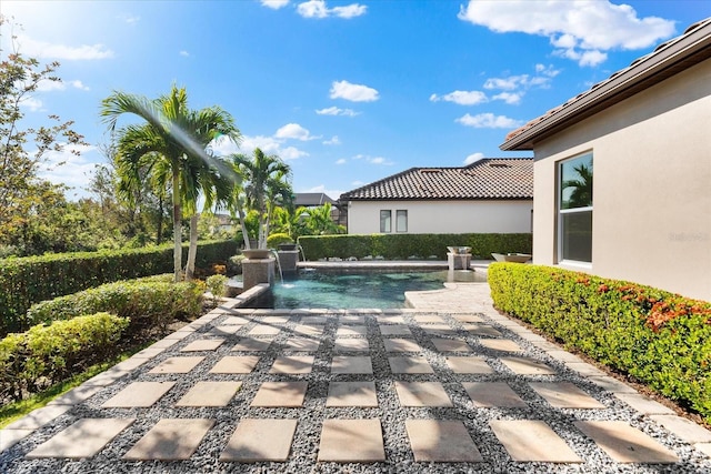 view of pool with a patio area and pool water feature