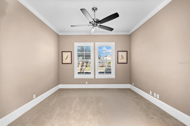 empty room with ceiling fan, ornamental molding, and light carpet