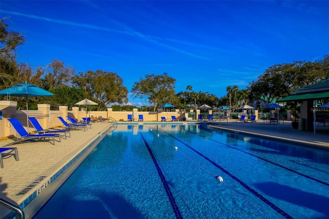 view of swimming pool featuring a patio area