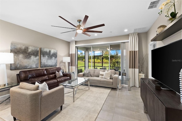 living room with ceiling fan