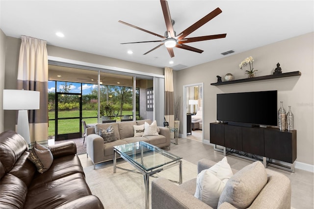 living room with ceiling fan