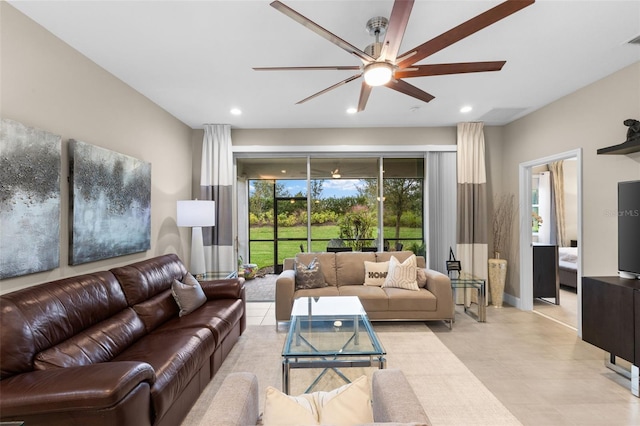 living room featuring ceiling fan