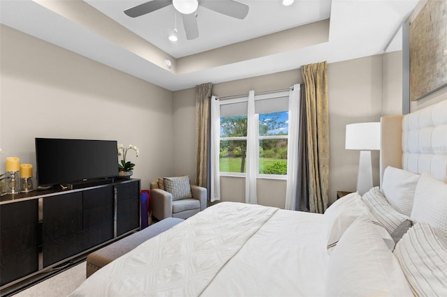 bedroom with a raised ceiling and ceiling fan