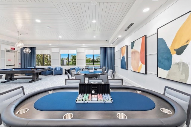 recreation room featuring wood ceiling, pool table, and a raised ceiling