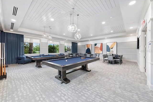 game room with light colored carpet, wooden ceiling, pool table, and a tray ceiling