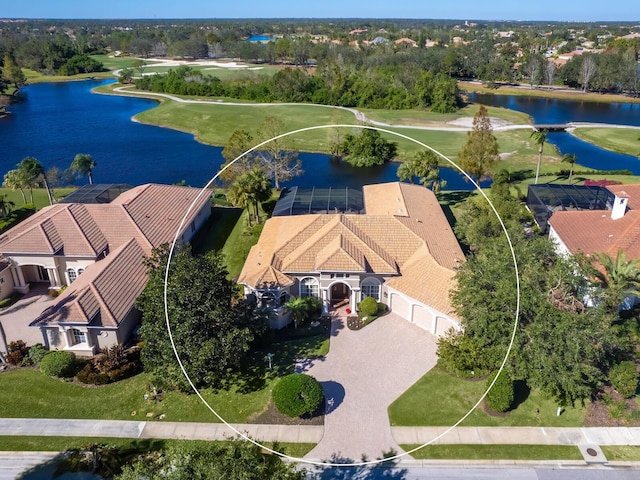 drone / aerial view with a water view