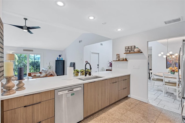 kitchen with ceiling fan with notable chandelier, stainless steel dishwasher, lofted ceiling, and sink