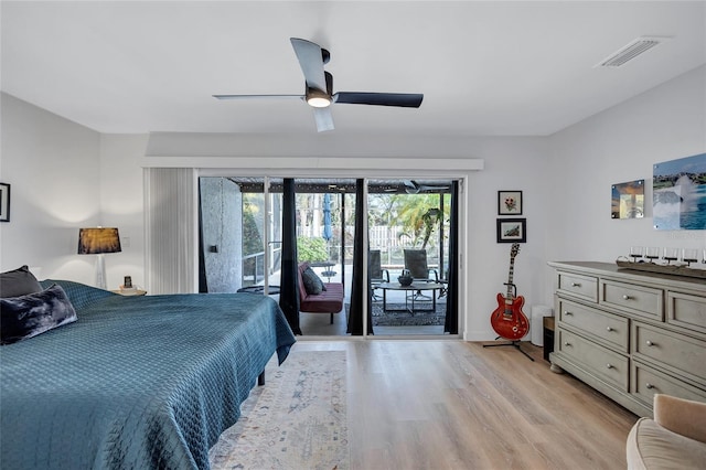 bedroom with ceiling fan, access to exterior, and light hardwood / wood-style flooring