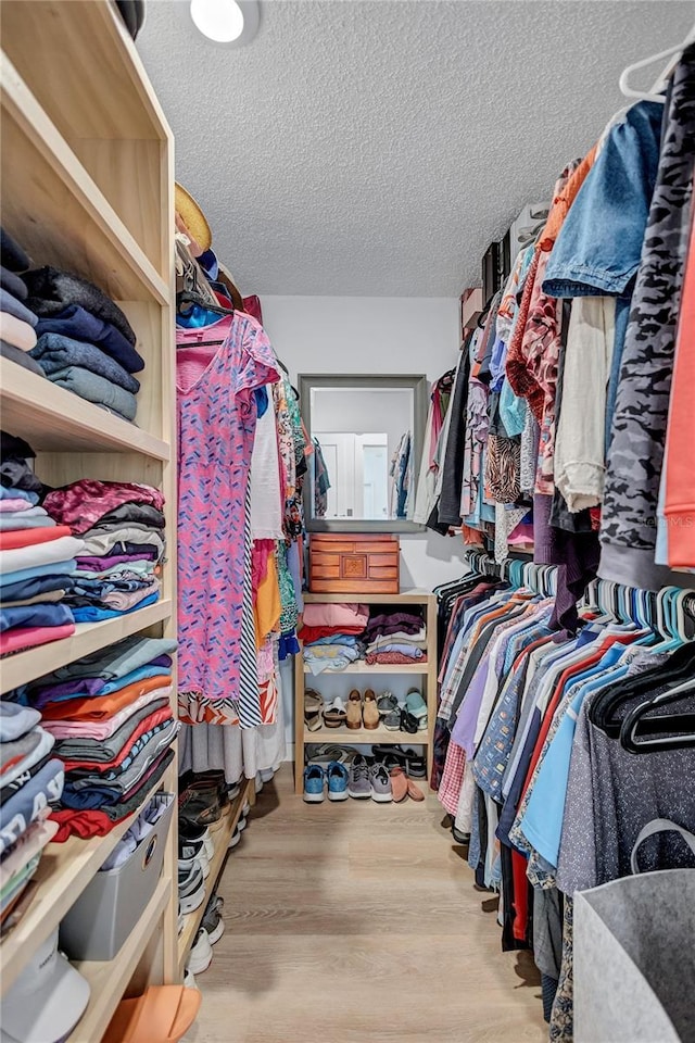 walk in closet with light wood-type flooring