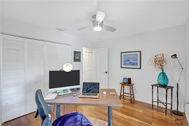 office space with hardwood / wood-style floors and ceiling fan