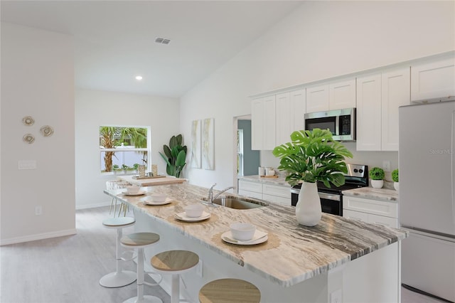 kitchen featuring light stone countertops, sink, a kitchen island with sink, white cabinets, and appliances with stainless steel finishes