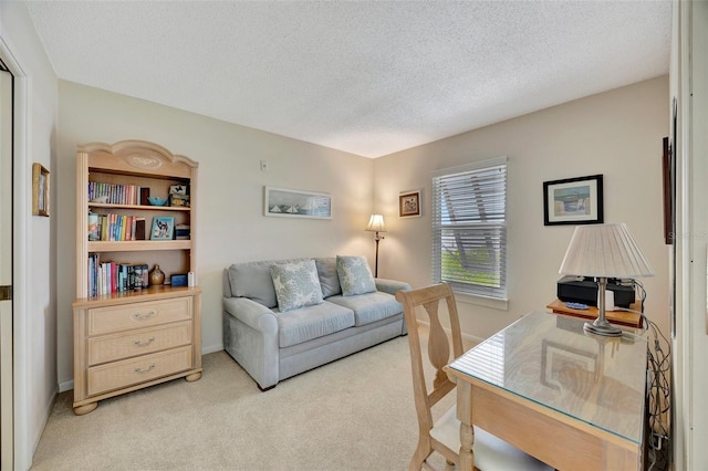 home office featuring light carpet and a textured ceiling