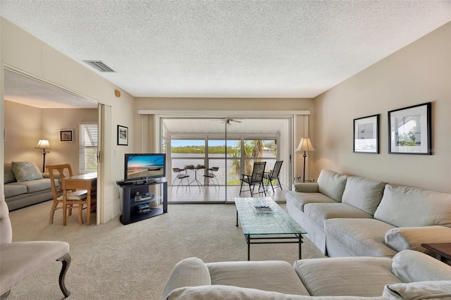 living room featuring a textured ceiling and light carpet