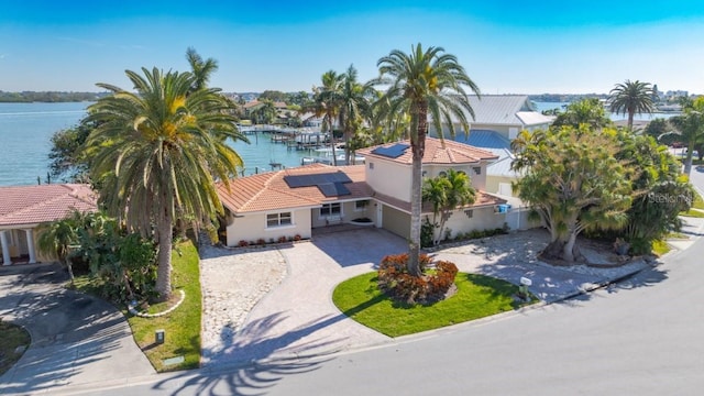 aerial view featuring a water view