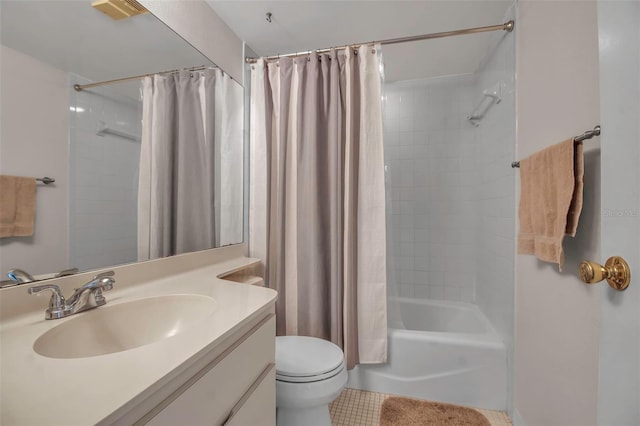 full bathroom with vanity, toilet, and shower / bathtub combination with curtain