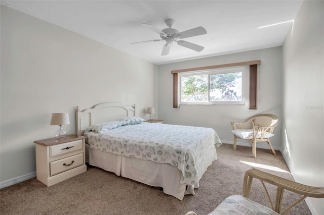 bedroom with light colored carpet and ceiling fan