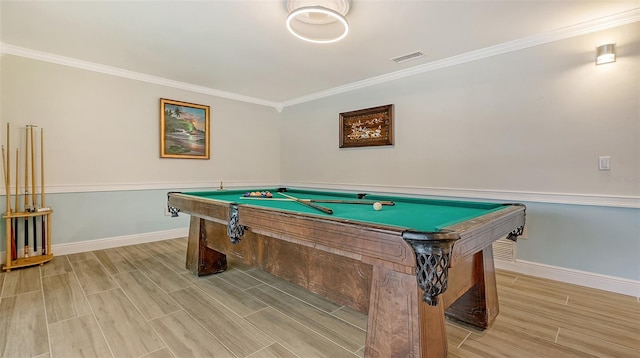 recreation room featuring crown molding and pool table