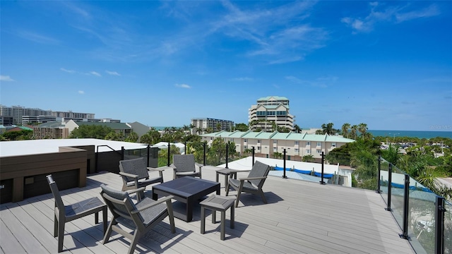 deck featuring a water view