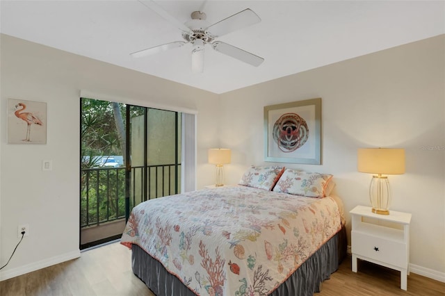 bedroom with access to exterior, light hardwood / wood-style floors, and ceiling fan