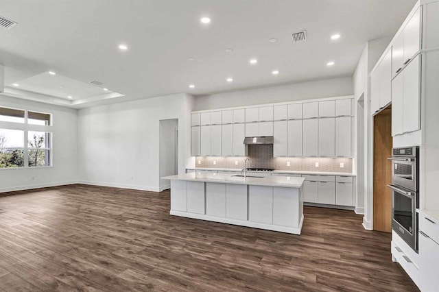 8007 Nevis Run, Bradenton, FL 34202 - kitchen with double oven, under cabinet range hood, tasteful backsplash, recessed lighting, and a center island with sink