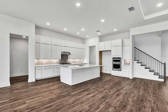 8007 Nevis Run, Bradenton, FL 34202 - kitchen featuring stainless steel double oven, a sink, dark wood-style floors, tasteful backsplash, and recessed lighting