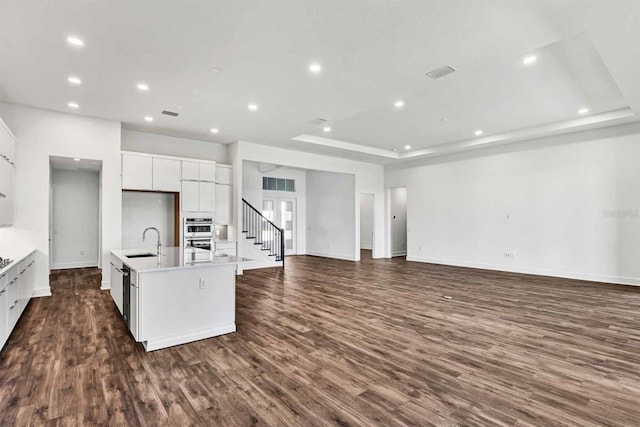 8007 Nevis Run, Bradenton, FL 34202 - kitchen with a sink, open floor plan, dark wood-style flooring, white cabinetry, and recessed lighting