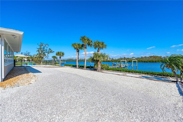 exterior space with a water view