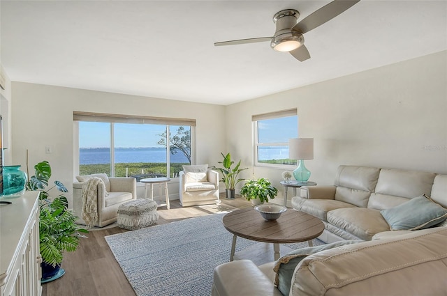 living room with ceiling fan, light hardwood / wood-style flooring, and a water view