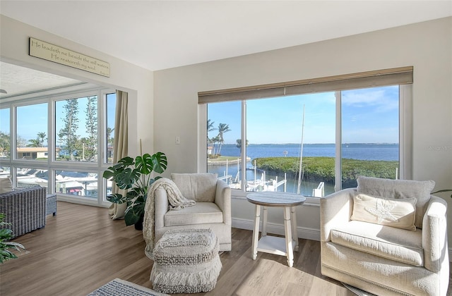 living area with a water view and hardwood / wood-style flooring