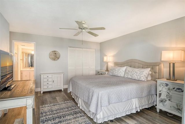 bedroom featuring ceiling fan, a closet, and dark wood-type flooring