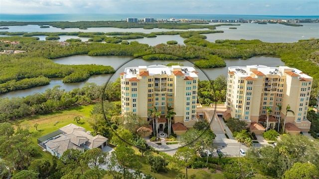 drone / aerial view with a water view