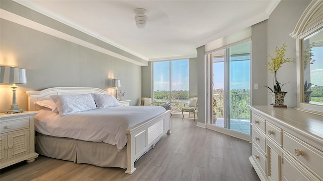 bedroom featuring ornamental molding, access to outside, ceiling fan, and light hardwood / wood-style floors