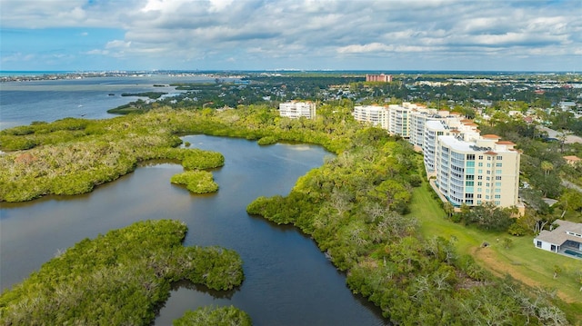 aerial view featuring a water view