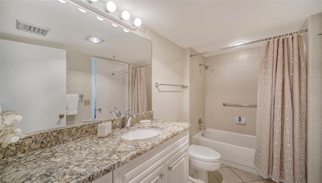 full bathroom with tile patterned flooring, vanity, shower / bath combination with curtain, and toilet