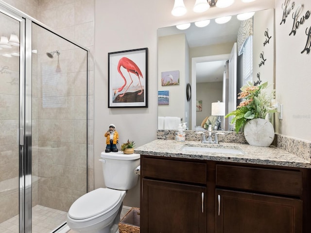 bathroom with toilet, a shower stall, vanity, and ensuite bathroom