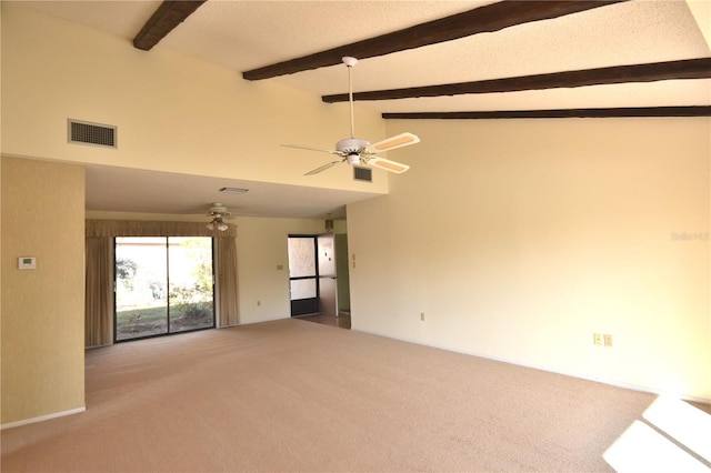 unfurnished room with carpet floors, ceiling fan, beamed ceiling, and high vaulted ceiling