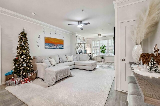 living room with crown molding and light wood-style flooring